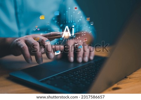 Technology Ai with Businessman or Analyst working in Business Analytics and Data Management System on virtual screen. Corporate strategy for finance, operations, sales, marketing, assistant, secretary