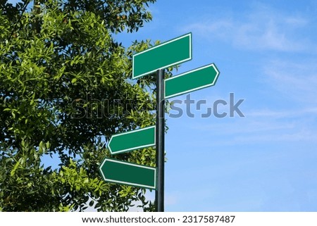 Direction sign with blank spaces for text with clear blue sky and tree branch on the background. Different way of arrow green sign