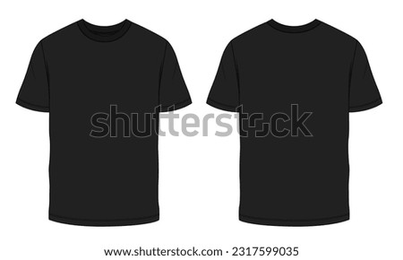 Short sleeve T shirt Technical Fashion flat sketch vector illustration  Black color template front and back views. Clothing design mock up for men's isolated on white background.