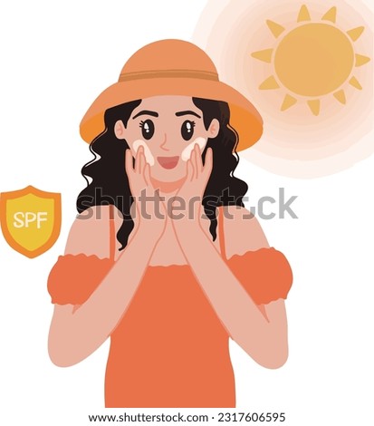 Pretty woman on summer holiday wearing sun screen SPF to protect her skin from UVA uvb illustration