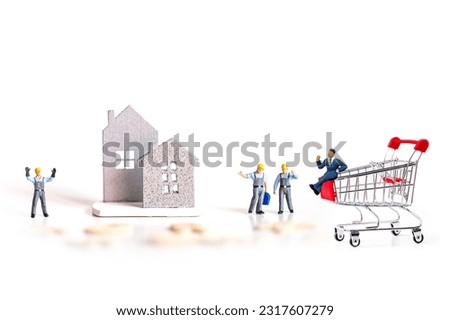 miniature worker with tiny home  and wood text isolate on white background. 