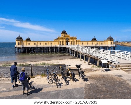 Famous historical bath house - kallbadhuset - in Varberg Sweden , iconic building in Sweden, Region of Halland , city of Varberg. Cold bath in sea for men and women on each side.