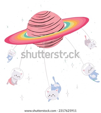 Kittens swinging in space on Saturn.Vector illustration for tshirt, hoodie, website, print, application, logo, clip art, poster and print on demand merchandise.