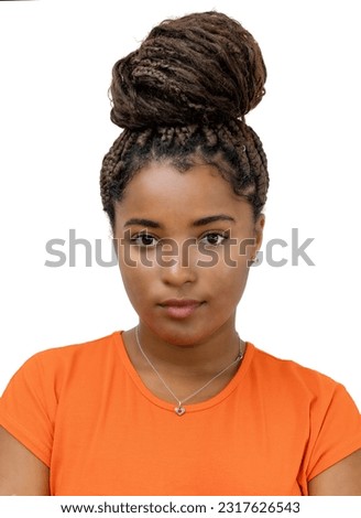 Passport photo of serious young adult black woman with curly hair isolated on white background for cut out