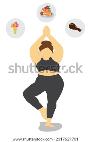 fat woman cartoon character practicing yoga and zen meditation  standing in tree pose and meditating fat yoga girl  illustration