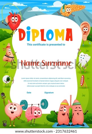 Kids diploma cartoon funny human organs sportsman characters. Vector certificate with heart, bladder, ear and tooth. Pancreas, lungs and nose, eyeball and brain exercising on summer meadow award frame