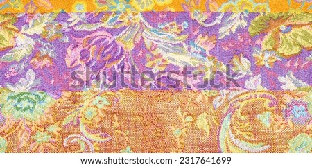 seamless. Brocade. This brocade has a bright yellow base embellished with deep turquoise sunken flowers and wavy lilac outlines. Juicy turquoise strokes roam abstractly across the fabric itself.