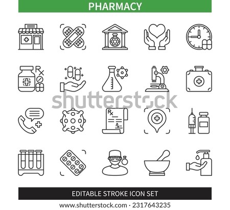 Editable line Pharmacy outline icon set. Consulting, Bandage, Prescription, Medicine, Pharmacist, Healthcare, Laboratory, Doze. Editable stroke icons EPS Royalty-Free Stock Photo #2317643235