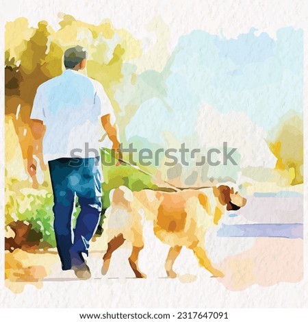Man Taking his dog on a walk in water color style vector