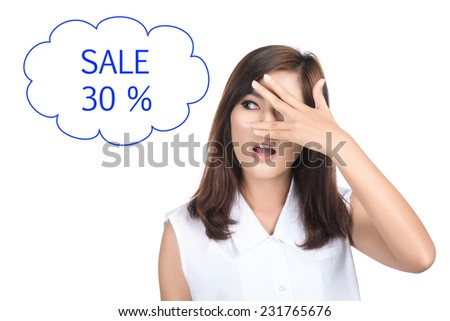 Thinking sale 30% woman looking up on speech bubble,Girl covering her face with her hands and peering out with one eye between her fingers,Asian woman,Asian girl,isolated on white background