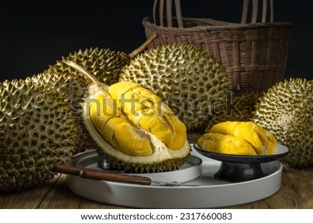 Musang King durian, indoor close-up, kitchen Royalty-Free Stock Photo #2317660083