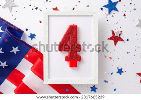The fourth of july celebration concept. Above view photo empty wooden frame with the number 4 surrounded by red, white and blue confetti stars and american flag on white isolated background