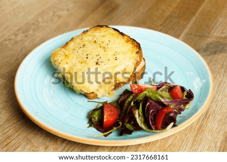 Classic french toast with cheese and ham, vegetables and honey-balsam dressing. Royalty-Free Stock Photo #2317668161