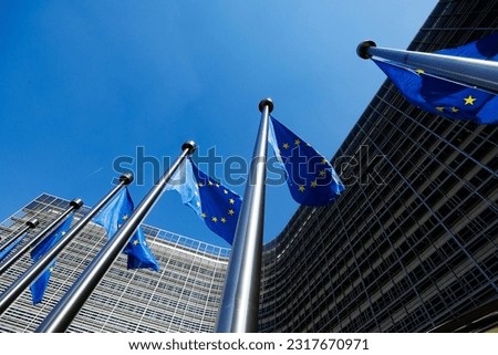 European flags in front of the Berlaymont building, headquarters of the European Commission in Brussels, Belgium Royalty-Free Stock Photo #2317670971