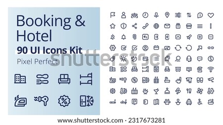 Booking and hotel pixel perfect linear ui icons kit. Accommodation for tourists. Rent room while travelling. Outline isolated user interface elements. Editable stroke. Poppins font used