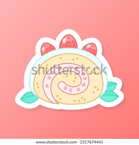 Strawberry dessert sticker. Flat cartoon illustration of a slice of swiss roll with cream. Vector 10 EPS.
