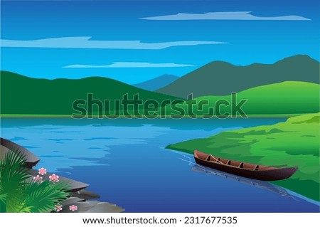 Night view vector illustration of a peaceful river.