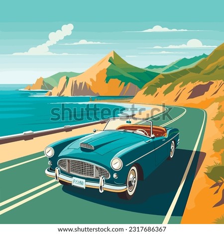 Summer road trip adventure, vintage convertible car driving along a scenic coastal highway, with winding roads, breathtaking ocean views, and a clear blue sky. Vector Illustration 