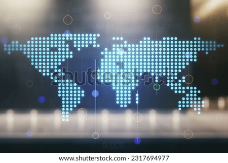 Multi exposure of abstract graphic world map hologram on contemporary business center exterior background, connection and communication concept