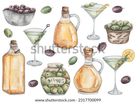 Watercolor set of illustrations. Hand painted yellow virgin olive oil in glass jug, pitcher, square bottle. Dry, dirty martini cocktail. Pitted black, green olives in jar, bowl. Isolated food clip art