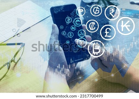 Money exchange. Double exposure with chart, different currency symbols and photo of man using smartphone