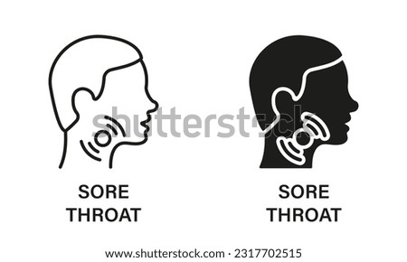 Sore Throat Line and Silhouette Icon Set. Painful Sore Throat Symbol Collection. Male Head with Symptoms of Angina, Flu, Cold Pictogram. Isolated Vector illustration. Royalty-Free Stock Photo #2317702515