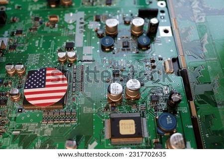 Motherboard and flag. Image: Semiconductor War., technology, nations, offense and defense.　American victory.
