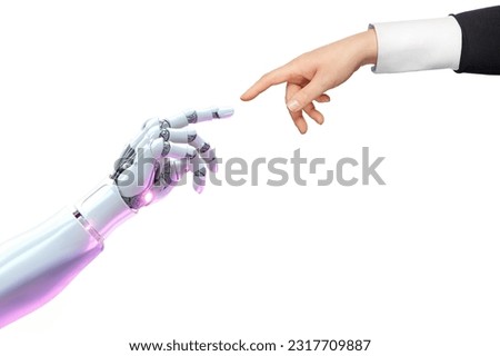 White cyborg robotic hand pointing his finger to human hand with stretched finger - cyber la creation - isolated on free PNG background. Royalty-Free Stock Photo #2317709887