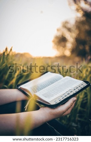 Open bible in hands close-up, concept of calmness and morning solitude. Royalty-Free Stock Photo #2317716323