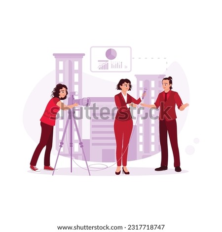 Interview of an intelligent businessman by journalists and camera operators in front of the building. Trend Modern vector flat illustration.