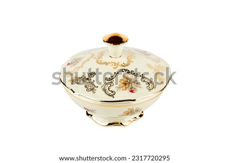 Porcelain box for sweets or jewelry isolated on a white background. German vintage porcelain. Royalty-Free Stock Photo #2317720295