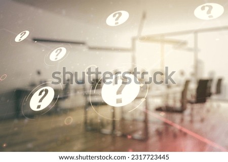 Abstract virtual question mark sketch on a modern furnished office interior background, FAQ and research concept. Double exposure