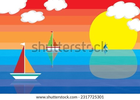 Illustration seascape, Three boat on the sea with big sun and clouds on multicolored background.