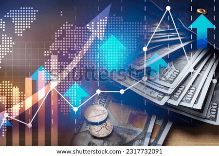 Money exchange. Multiple exposure with dollar banknotes, coins, digital world map and graphs