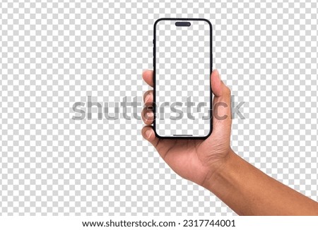 Hand holding smart phone Mockup  and screen Transparent and Clipping Path isolated for Infographic Business web site design app Royalty-Free Stock Photo #2317744001