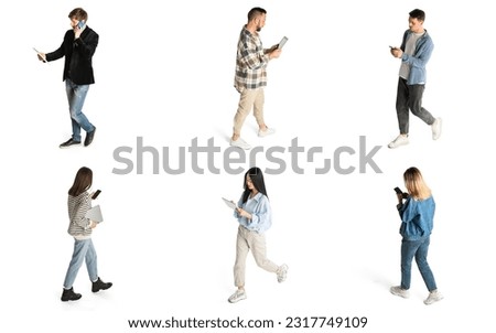 Conceptual collage with people walking and using different gadgets for work, education and communication. Isometric view. Concept of business, employment, freelance job, modern technologies, ad Royalty-Free Stock Photo #2317749109