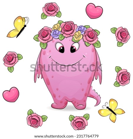 A cute cartoon monster in a flower wreath stands in a pink frame. Vector illustration of an animal with flowers, hearts and butterflies on a white background.