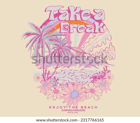Pink summer vibes drawing. Take a break. enjoy the beach. Beach vibes print artwork for t-shirt, poster, sticker and others. Mountain with palm tree vector design.  Royalty-Free Stock Photo #2317766165