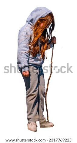 Side view shot full portrait of girl with sportwear holding a log of wood isolated photo