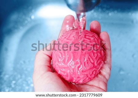 Toy human brain model being washed under a flowing stream of water in a sink. Purification of thoughts and the renewal of mental clarity. Royalty-Free Stock Photo #2317779609