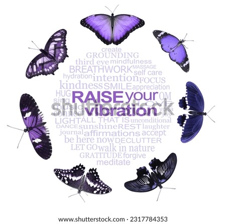 Spiritual Words to Inspire You and Raise Your Vibration purple butterfly Wall Art - a perfect circular word cloud relevant to spirituality and raising your vibration surrounded by seven butterflies Royalty-Free Stock Photo #2317784353