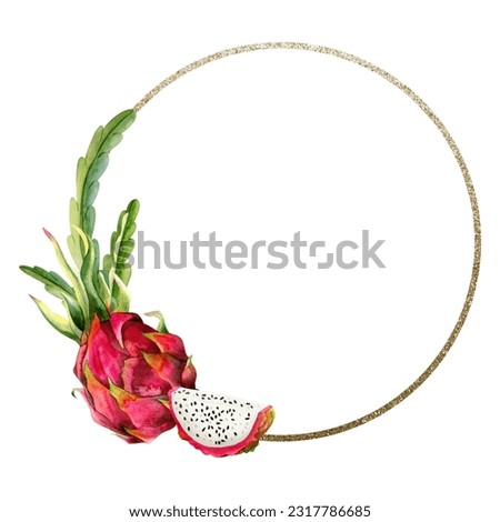Gold round frame with watercolor pink dragon fruit slices and cactus leaves for stickers, sale coupons or wedding invitation