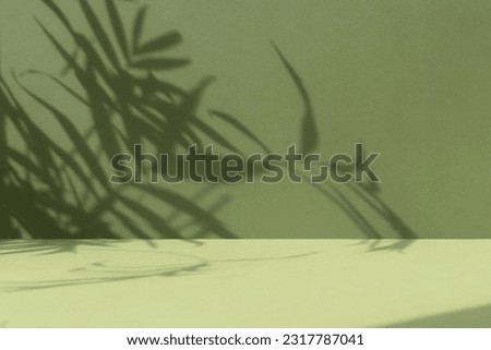 Minimal abstract background for the presentation of a cosmetic product. Premium empty podium with a shadow of tropical palm leaves on a green background. Showcase, display case.