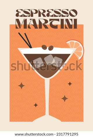 Poster drink. Cocktail art. Espresso martini. Retro posters with alcohol cocktails. 90s 80s 70s groovy posters. Modern trendy print. Drink with fruit and ice. Royalty-Free Stock Photo #2317791295
