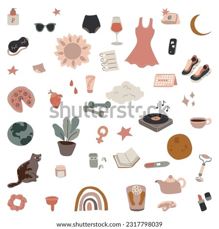Woman lifestyle routine vector elements isolated on white background.