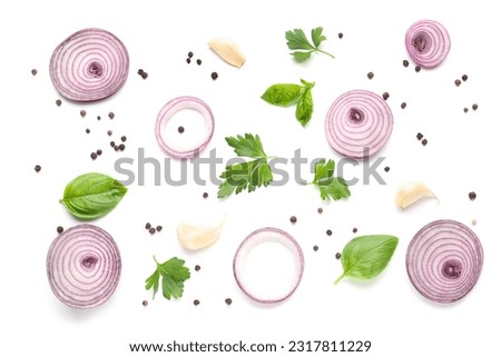 Composition with fresh onion slices and spices on white background Royalty-Free Stock Photo #2317811229