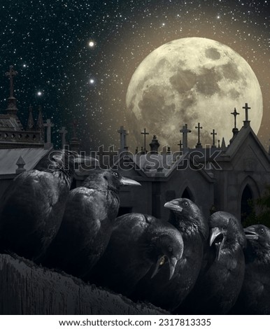 Halloween night with crows, old European Cemetery with lot of crosses, full moon and stars.