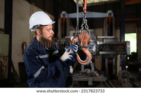 Two technicians inspecting and testing the operation of lifting cranes in heavy industrial plants. Royalty-Free Stock Photo #2317823733