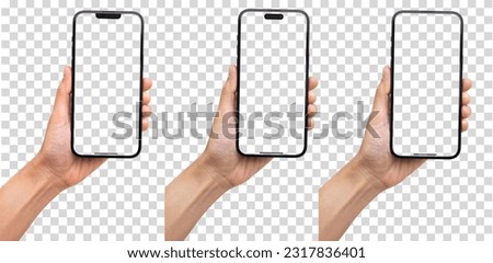 Hand holding the black smart phone 13-15 with blank screen and modern frameless design in two rotated perspective positions - isolated on white background - Clipping Path