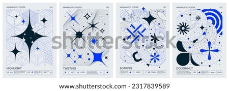 Futuristic retro vector color minimalistic Posters with 3d strange wireframes form graphic of geometrical shapes modern design inspired by brutalism and silhouette basic figures, set 38